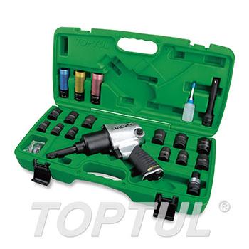 27PCS 1/2" DR. Air Impact Wrench Set (Long Anvil / Max. Torque 400 Ft-Lb)