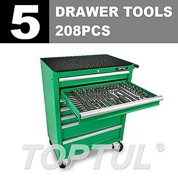 W/7-Drawer Tool Trolley - 208PCS Mechanics Tool Set (BASIC SERIES) GREEN